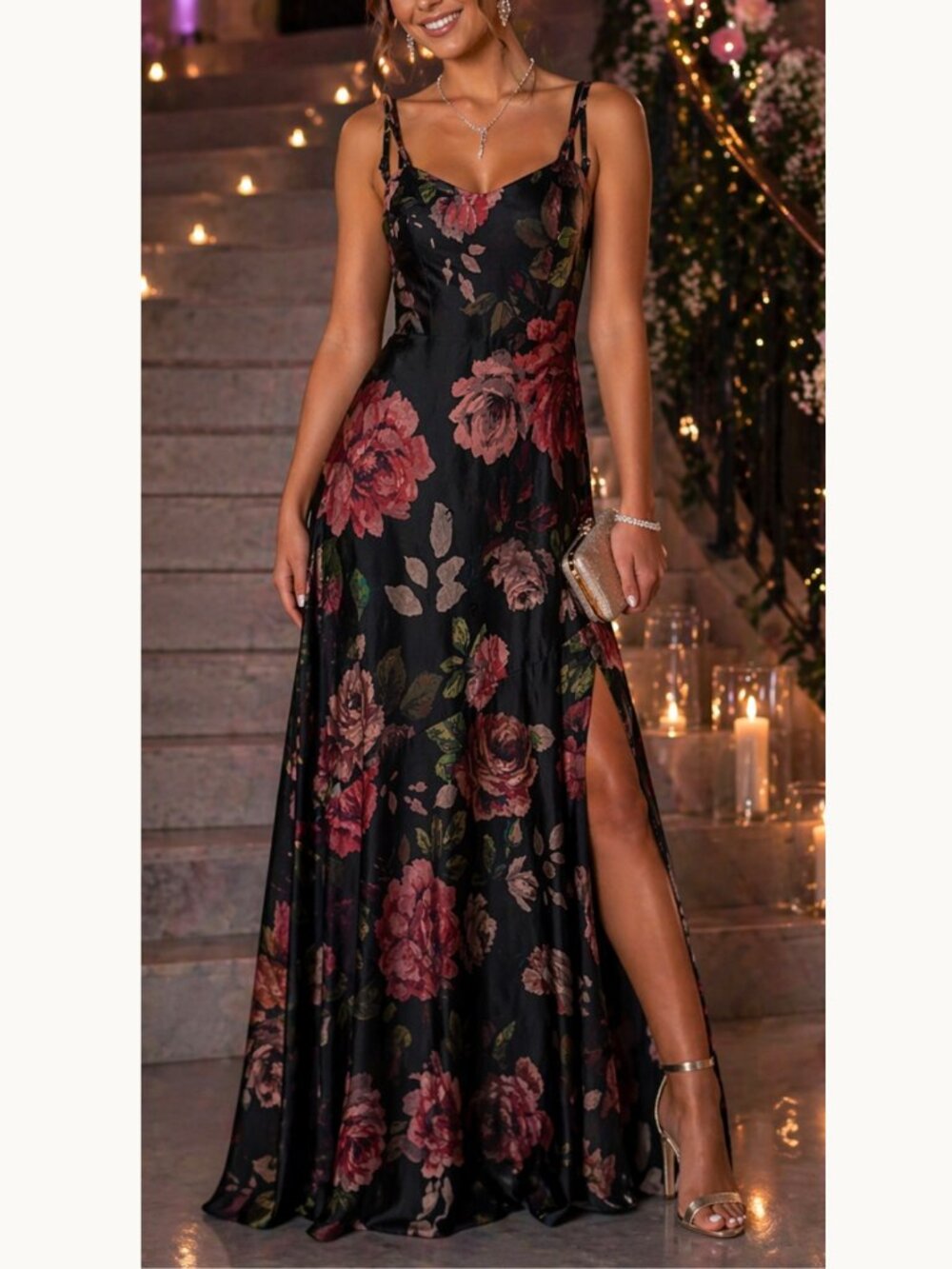 Satin Floral Maxi Prom Dress Rose Print Sweetheart Cami Slit NWT 4 ASOS DESIGN